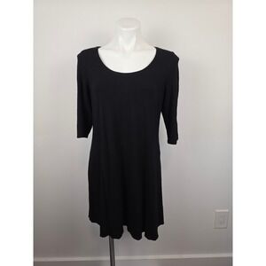 Eileen Fisher Scoop Neck 3/4 Sleeve‎ Black Knit Dress Medium Minimalist Viscose